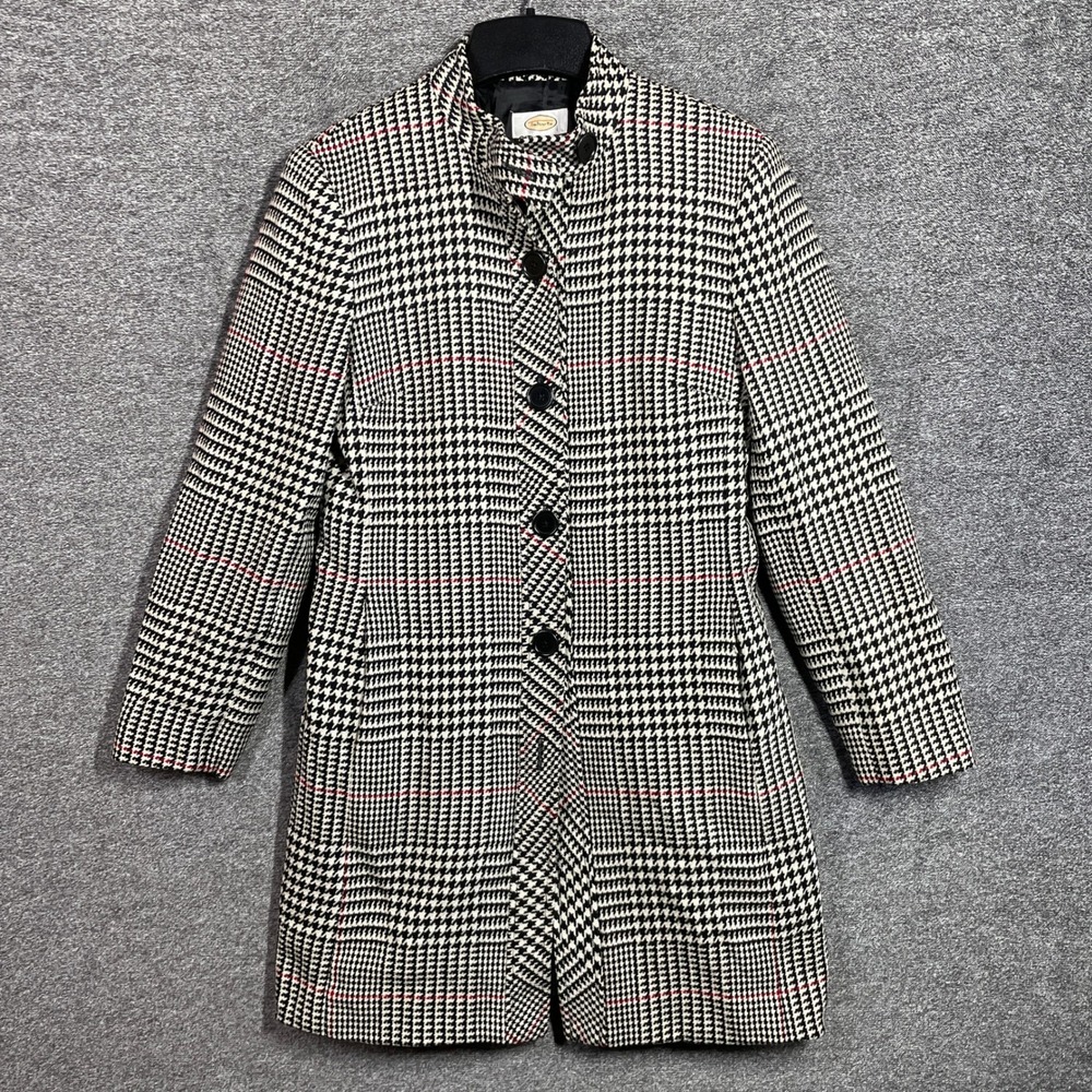 Talbots Coat Womens 4 Houndstooth Plaid Car Coat Black White Red Button Front